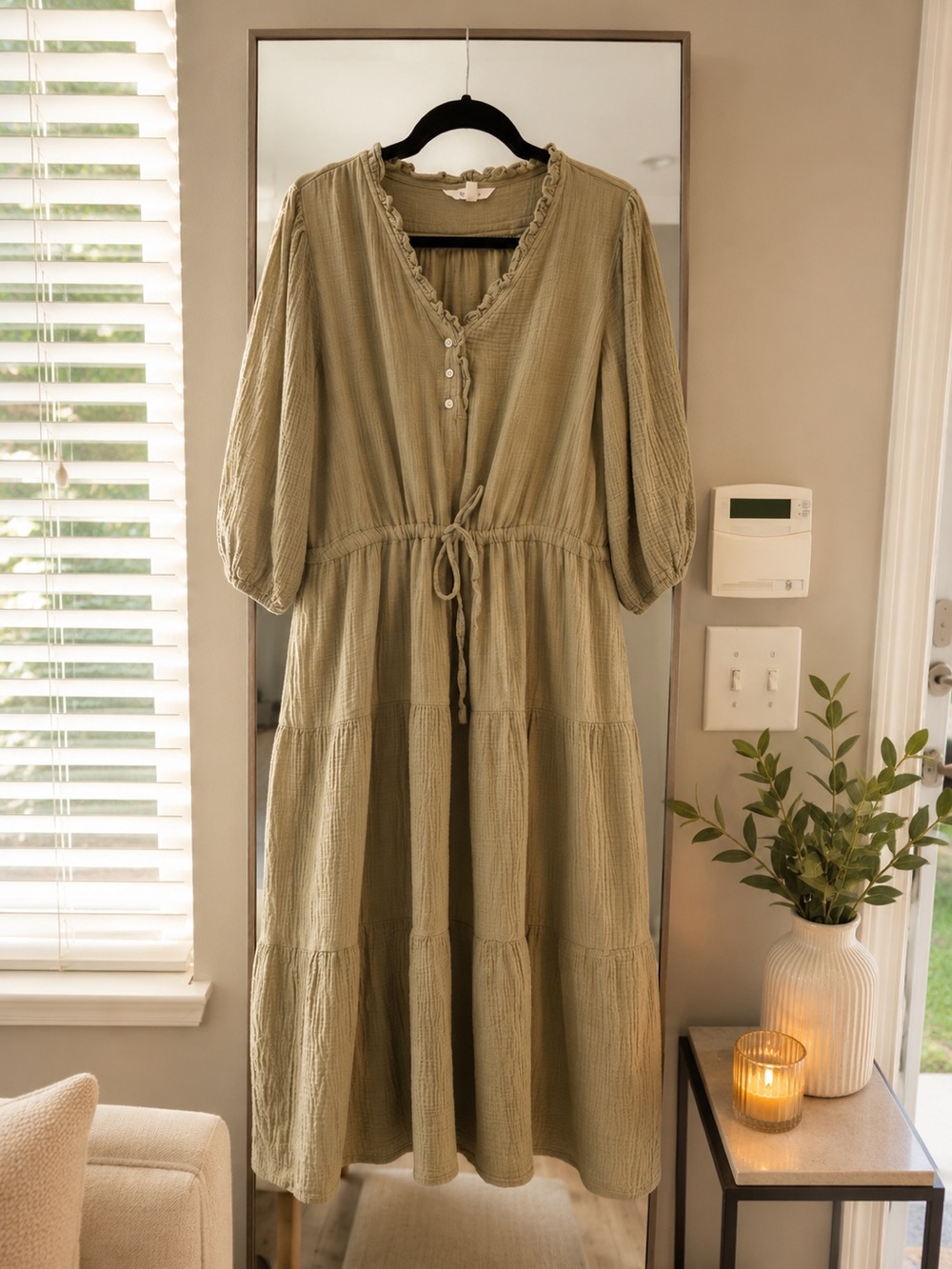 per una Olive Green Tiered Cotton Gauze Maxi Dress